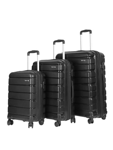 Teakwood Small-Medium-Large 8 Wheels Trolley Bag, Hard Cabin With Zipper Closure, Adjustable Push Button & Cross Side Strap, Tsa Lock System 360 Degree (Set Of 3, Black)