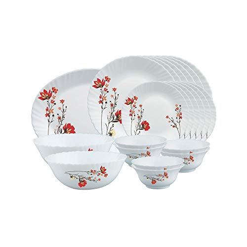 Larah By Borosil Chrys Red Opalware Dinner Set, 21 Pieces, White