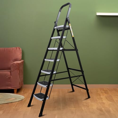 Bonkaso Climb Steady Premium Alloy Steel Heavy Duty Multipurpose Foldable 7 Step Ladder With Connecting Frame & Belt Support, Load Capacity Upto 120Kg | For Home And Outdoor – (Matte Black & White)