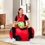 Amazon Brand – Solimo Premium Faux Leather Football Bean Bag, Filled With Beans | Capacity: Upto 6 Ft 3 In Height, 120 Kg Weight | Iconic Football Shape | 3Xl | Red And Black