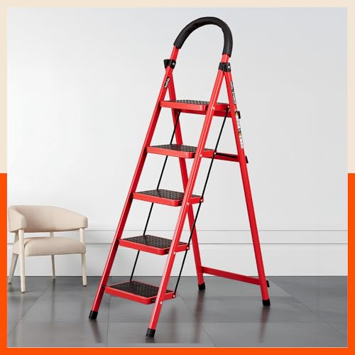 Bathla Everest 5 Step Steel Ladder With Safety Hand Grip | Durable & Anti-Skid | Lightweight & Foldable For Home & Office Use | 2 Year Manufacturer Warranty (Red)