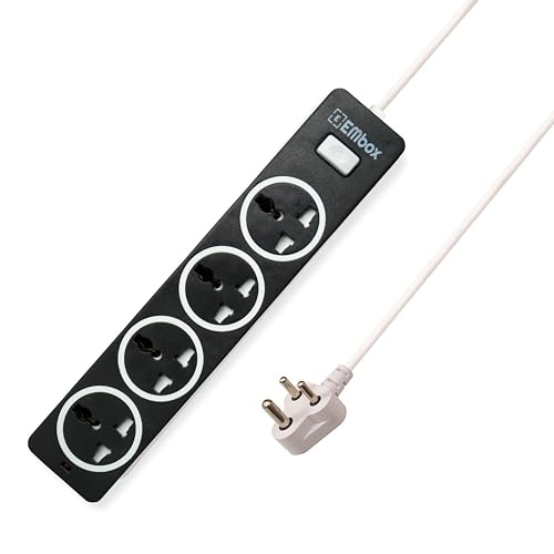 Embox 10A Extension Board With Master Switch-Extension Cord With 4 Universal Sockets-Spike Guard With Safety Shutter And Led Indicator-1500W (Black-2 Meter Cable)