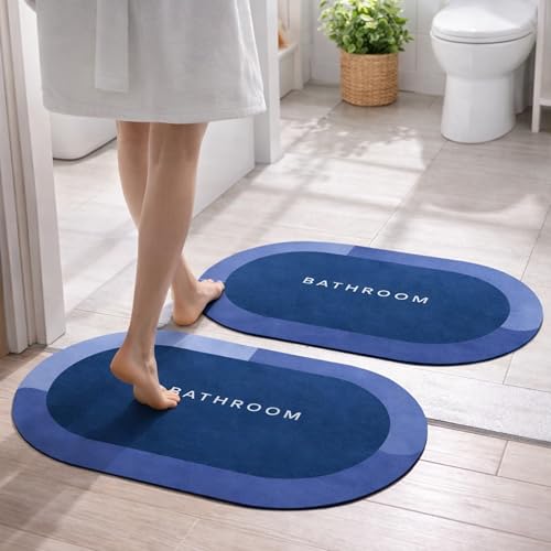 Cortina Pack Of 2 Quick Dry Water Absorbing Rectangular Silicon Floor Mat | Anti-Skid & Non-Slip Cushion Doormat For Home, Kitchen, Office, Washroom | 60X40Cm (Blue)