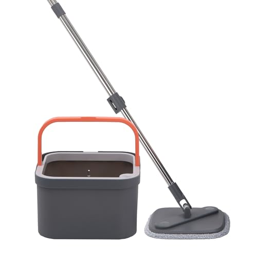 Bonkaso 360° Spin Mop With Square Bucket Deluxe System Set And Reusable Microfiber Pads For Wet & Dry Glass, Wall, Tile And Home Floor Cleaning – Grey And Orange