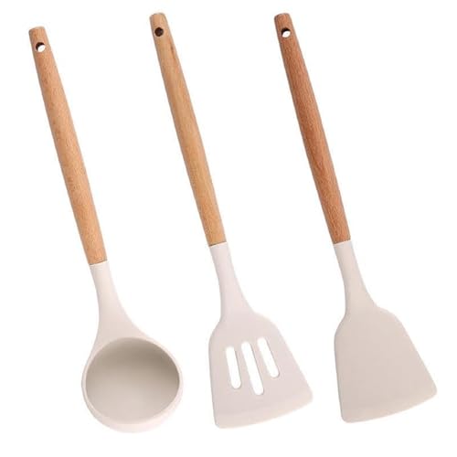 Kitchen Cooking Utensils Set With Wooden Handles, 3 Pieces – Spatula, Slotted Turner And Ladle