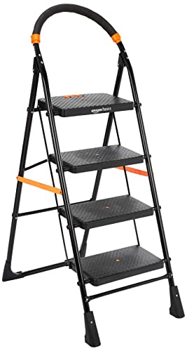 Amazon Basics Clamber – Foldable Step Ladder, Safety-Clutch Lock, Ribbed Steps, Knee Guard, Non-Marring Pvc Shoes, 4 Steps (Steel, Black & Orange)
