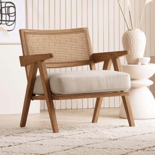 Kingsman Furnitures Abel Rattan Teak Wood Accent Arm Chair For Home Bedroom, Living, Dining, Drawing Room | Ultra Soft And Comfortable For Stress Free | Removable Cushion (Bronx Wood Effect)
