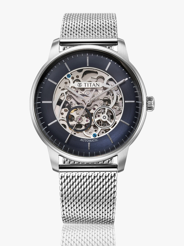Titan Mechanical Automatic Titan Automatic Dark Blue Dial Silver Metal Strap Analog Watch  – For Men