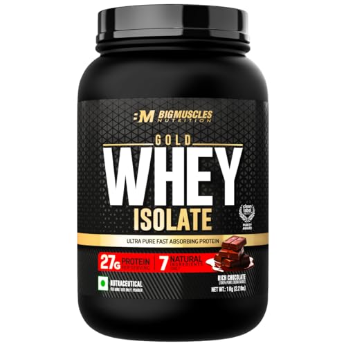 Bigmuscles Nutrition Gold Whey Isolate (1Kg, Rich Chocolate) | 27G Whey Protein Isolate 90% | 7 Natural Ingredients Only | 0 Added Sugar | Clean Label Project Purity Award Usa