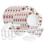 Larah By Borosil Silk Series Bali Opalware Dinner Set With Vision Glass | 35 Pcs For Family Of 6 | Microwave & Dishwasher Safe | Plates & Bowls | Crockery For Dining & Gifting | Floral Pattern