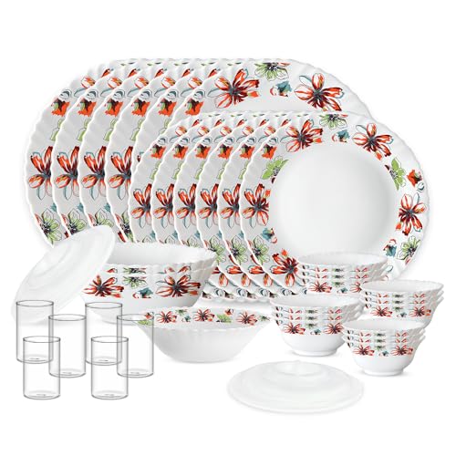 Larah By Borosil Silk Series Bali Opalware Dinner Set With Vision Glass | 35 Pcs For Family Of 6 | Microwave & Dishwasher Safe | Plates & Bowls | Crockery For Dining & Gifting | Floral Pattern
