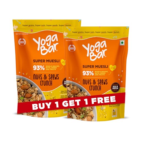 Yogabar Muesli Nuts + Seeds Crunch 700G (Buy 1 Get 1 Free) With Flax And Chia Seeds, Muesli Nuts Delight Whole Grain, High Protein, High Fibre, No Refined Sugar, Contains Antioxidants, 700G Pack Of 2