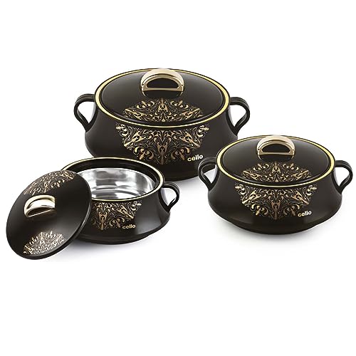 Cello Midas Insulated Inner Steel Casserole Set Of 3, Black, (500Ml, 1000Ml, 1500Ml)| Hot Box For Kitchen | Hot Pot For Home | Chapati Box | Locks In The Cold & Heat For Long | Serving Bowl With Lid