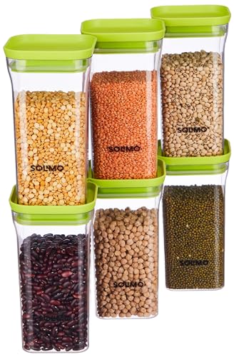 Amazon Brand – Solimo Plastic Storage Jar And Container Set I Air Tight & Bpa Free Containers For Kitchen Storage Set I Grocery Kitchen Container Set I Multipurpose Jar, 1100 Ml Each, Set, 6, Green