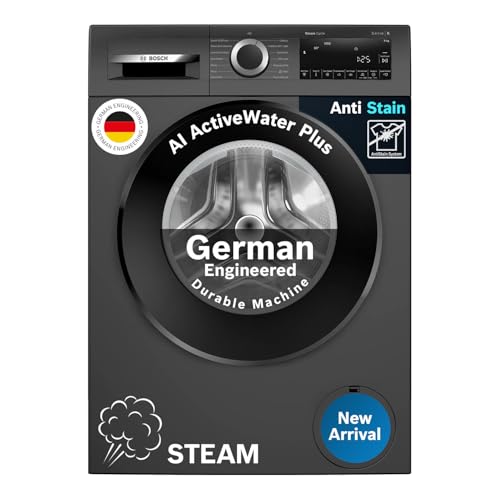 Bosch 9 Kg, 5 Star, Anti Stain & Ai Active Water+ Fully Automatic Front Load Washing Machine (Wga1420Tin, Pretreatment & Steam With Anti Bacteria, In-Built Heater, Black Grey)