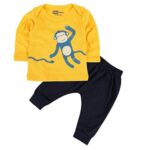 Piku Store Kids Full Sleeves Cotton Blend T-Shirt & Lower Set (0-3 Months, Yellow (Monkey) & Black)
