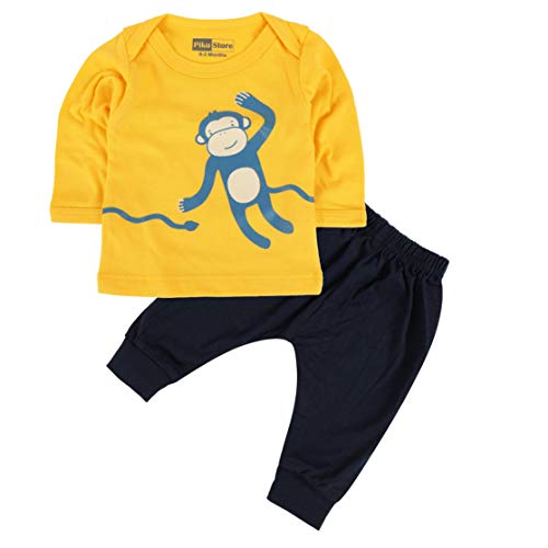 Piku Store Kids Full Sleeves Cotton Blend T-Shirt & Lower Set (0-3 Months, Yellow (Monkey) & Black)