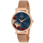 Louis Devin Rose Gold Plated Mesh Chain Analog Wrist Watch For Women (Blue Dial) | Ld-Rg162-Blu