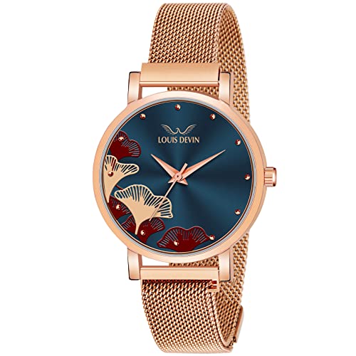 Louis Devin Rose Gold Plated Mesh Chain Analog Wrist Watch For Women (Blue Dial) | Ld-Rg162-Blu