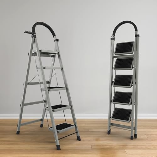 Buildskill 5 Step Ladder For Home Use With Built-In Tool Tray | Heavy Duty D Shape Rods | 20 X 30 Cm Large Platform | Wide Rubber Feet | Secure Lock | 150Kg Capacity Foldable Ladder – 5 Years Warranty