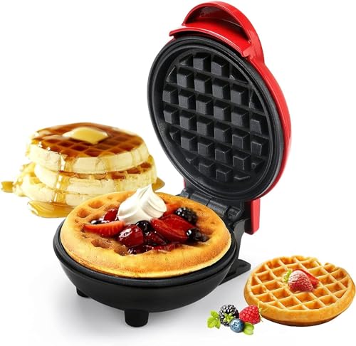 Holstein Housewares Personal Non-Stick Waffle Maker, Red – 4-Inch Waffles In Minutes, 350 Watt