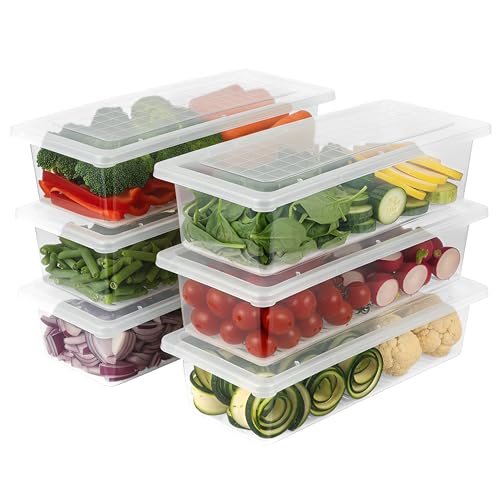 Volturi Fridge Storage Containers (Pack Of 6), Fridge Organiser Storage Boxes With Removable Drain Plate, Lids, Stackable Organizer, Fridge Storage Box Keep Fruits, Vegetables Fresher, 1500 Ml