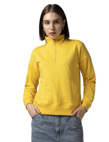 Fyltr Women’S Casual Stand Collar Jacket With Drop Shoulder & Boxy Fit – Half Zipper | Utility Pockets | Rib Hem & Cuff Mellow Yellow