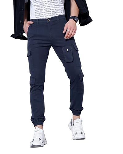 British Club 98% Cotton, 2% Elastane Slim Fit Cargo Jogger Pants | Flat-Front Design | Adjustable Waistband | Multiple Pockets | Lightweight Fabric | Modern Style | Comfortable | Durable Dark Blue 34
