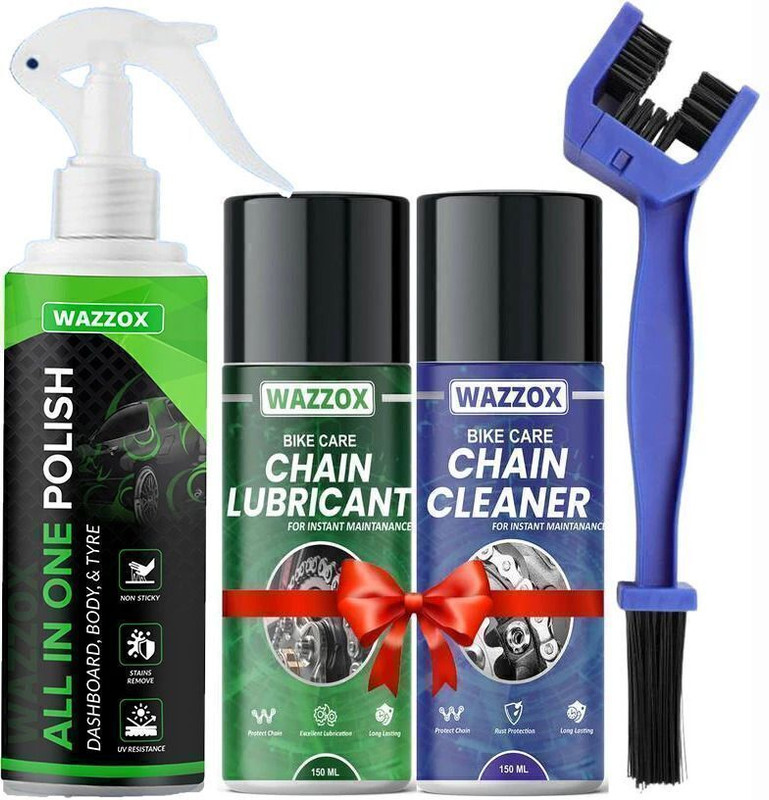 Wazzox Combo Of Chain Lubricant + Chain Cleaner + Bike & Car Polish With Cleaning Brush Cleans | Shines & Protects Chain | Car Dashboard Interior & Exterior Cleaning | Chain Oil(500 Ml, Pack Of 4)