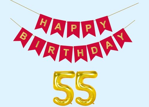 Mystic Toy Store 55Th Happy Birthday Decoration Kit Red For 55 Year Old Men With Number Fifty-Five Party Decorations Decor Celebration Items Item Set Combo Reusable Paper Banner