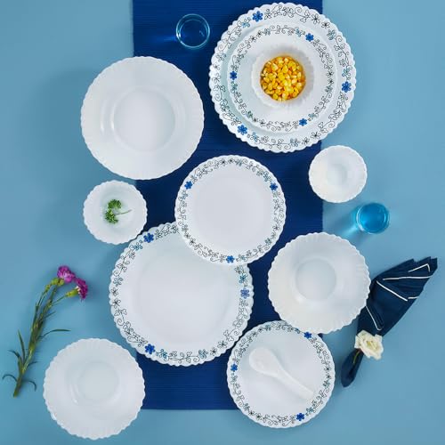 Larah By Borosil Silk Series Blue Iris Opalware Dinner Set | 35 Pieces For Family Of 6 | Microwave & Dishwasher Safe | Bone-Ash Free | Crockery Set For Dining & Gifting | Plates & Bowls | White