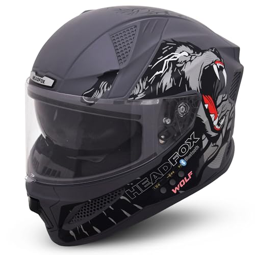 Headfox N2F Wolf Full Face Bluetooth Helmet For Bike | Waterproof Smart Helmet For Man & Women | Isi Certified | Built-In Bluetooth | Matte Grey X-Large (62 Cm)
