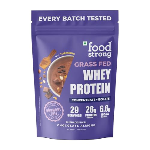 Foodstrong Whey Protein Powder (Concentrate + Isolate), 100% Hormone Free Grass-Fed Whey, 26G Protein & 6.6G Bcaa, Chocolate Almond, With Turmeric & Digestive Enzymes, 1Kg