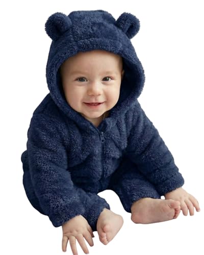 Babyzone Soft Fleece Baby Romper With Hood For Newborn Baby Clothes Spring Babies Romper Climbing Jumpsuit With Zipper (Navy 3-9 Month)