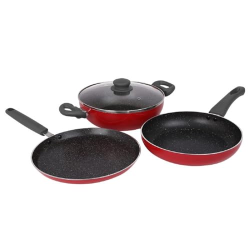 Prestige Omega Granite Non-Stick 3 Pc Cookware Set With Glass Lid | 5-Layer Coating | Gas & Induction Compatible | Omni Tawa 25Cm | Fry Pan 24Cm | Kadai 24Cm | Crimson Red |2Y Warranty |Isi Certified