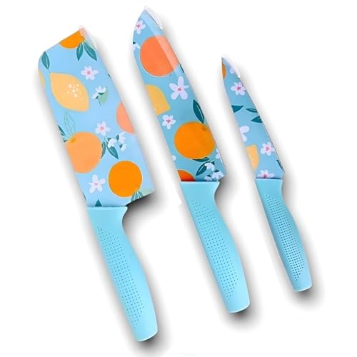 Coince Kitchen Knife Set Of 3 | Sharp Stainless Steel Knives With Non-Slip Handle | Vegetable, Fruit & Meat Cutting Knives | Colorful Printed Knife Set – Sky
