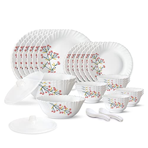 Larah By Borosil Red Bud Silk Series Opalware Dinner Set | 35 Pieces For Family Of 6 | Microwave & Dishwasher Safe | Bone-Ash Free | Crockery Set For Dining & Gifting | Plates & Bowls | White,Floral