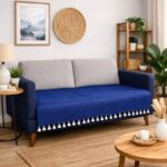 Bsb Home 3 Seater Quilted Velvet Sofa Cover With Tassels | Soft Washable Sofa Protector For Living Room | Elegant Furniture Cover For Home Décor (Blue) (Blue)