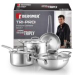Bergner Tripro Triply Stainless Steel 7 Pcs Cookware Set – Deep Kadai 20Cm (1.5 L), 20Cm Sautepan (1.2 L), 16Cm Saucepan (1.7 L), 20Cm Casserole (3 L), 3 Stainless Steel Lids, Induction Bottom