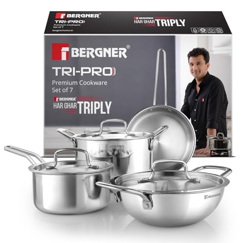 Bergner Tripro Triply Stainless Steel 7 Pcs Cookware Set – Deep Kadai 20Cm (1.5 L), 20Cm Sautepan (1.2 L), 16Cm Saucepan (1.7 L), 20Cm Casserole (3 L), 3 Stainless Steel Lids, Induction Bottom