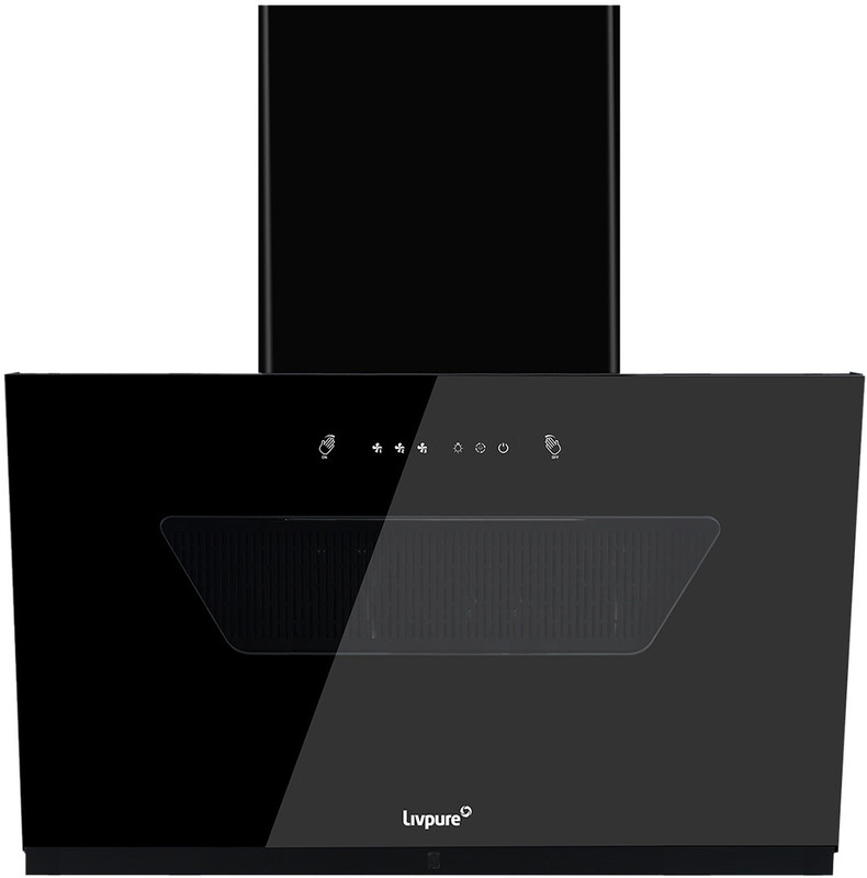 Livpure Glide-Neo-90-Fl-Hac Auto Clean Slant Glass 90 Cm| 10 Years Motor Warranty|Heat Autoclean| Gesture Control| Filterless|Powerful Suction | Low Noise Wall Mounted Black 1350 Cmh Chimney