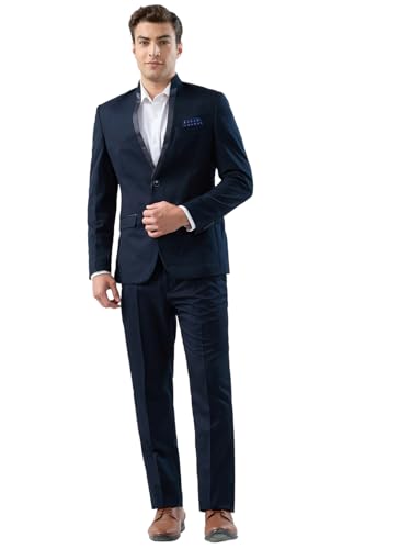 Park Avenue Men Super Slim Fit Dobby Pattern Terylene Rayon Blend Bandhgala Flat Front Ceremonial Suit Dark Blue