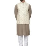 Sojanya (Since 1958 Men’S Pure Cotton Coffee Kurta And White Pyjama With Embroidered Cream Nehru Jacket