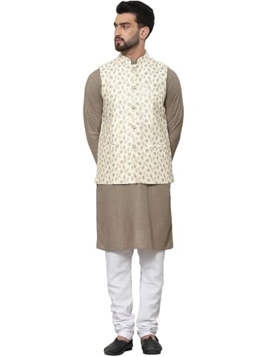 Sojanya (Since 1958 Men’S Pure Cotton Coffee Kurta And White Pyjama With Embroidered Cream Nehru Jacket