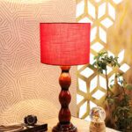 Tu Casa Red Cotton Shade With Brown Mango Wood Base Table Lamp | Elegant Bedside & Desk Lamp For Bedroom, Living Room, Office, Home Décor & Gifting (Height : 21 Inch/No Blub Included)