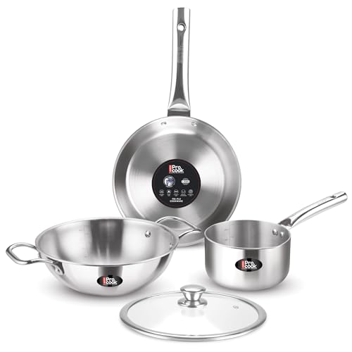 Milton Pro Cook Triply Stainless Steel 4 Pc Induction Cookware Set, Tea Pan 16Cm, Fry Pan 22Cm, Kadai With Glass Lid 24Cm, Even & Fast Cooking, Induction & Gas Ready, 3 Years Warranty By Manufacturer