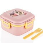 Attro Quick Bite Owl Love Lun Box With 3 Compartment Fork & Spoon Bpa Free Food Grade Ideal For Kids School, Picnic & Outdoor- 800Ml Peach, Plastic