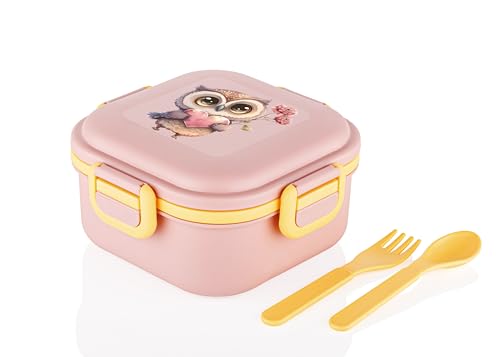 Attro Quick Bite Owl Love Lun Box With 3 Compartment Fork & Spoon Bpa Free Food Grade Ideal For Kids School, Picnic & Outdoor- 800Ml Peach, Plastic