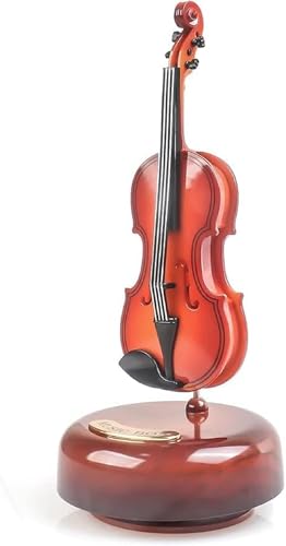Violin Shaped Rotating Music Box Decorative Tabletop Ornament With Wooden Base