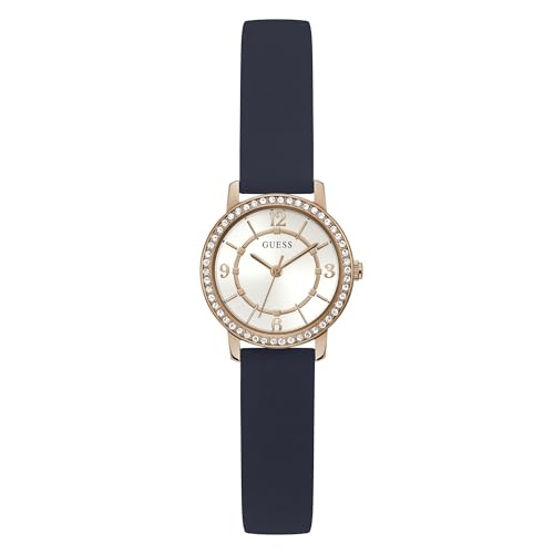 Guess Silicone Women Ladies 25Mm Analog Watch – Navy Strap White Dial Rose Gold Case, Navy, Blue Band